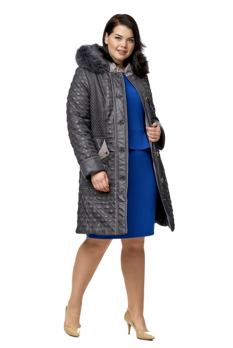 Женское пальто из текстиля с капюшоном, отделка песец 8009969