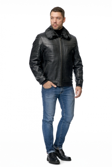 Мужская кожаная куртка из натуральной кожи на меху с воротником, отделка норка 8011751