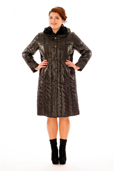 Женское пальто из текстиля с капюшоном, отделка искусственный мех 8011878