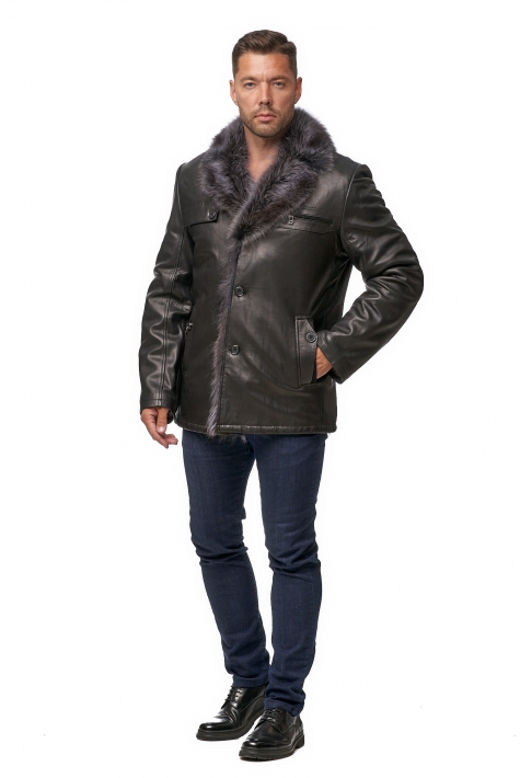 Мужская кожаная куртка из натуральной кожи на меху с воротником, отделка енот 8013641
