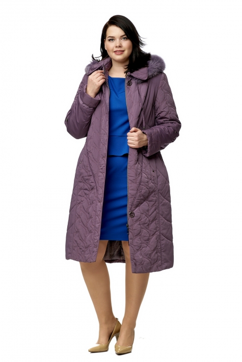 Женское пальто из текстиля с капюшоном, отделка песец 8015978