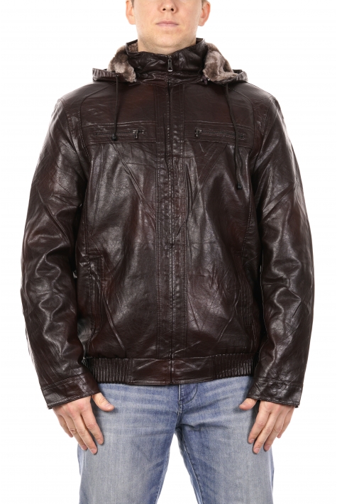 Мужская кожаная куртка из эко-кожи с капюшоном, отделка искусственный мех 8022259