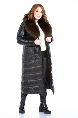 Черное женское кожаное пальто из натуральной кожи с воротником, отделка песец